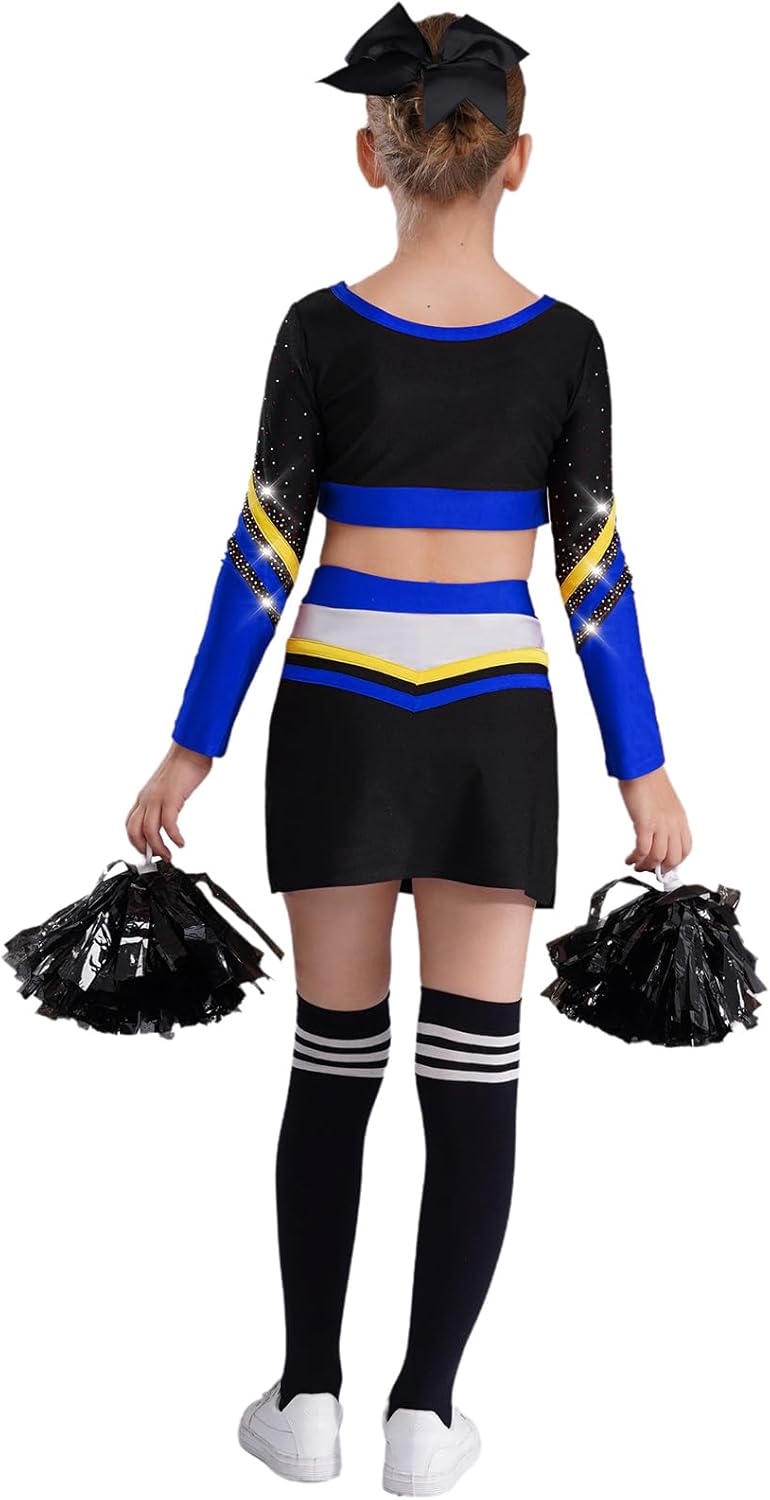ranrann Girls Cheer Leader Costume Cheerleading Uniform Halloween Top with Skirt Headband Socks Pom-pom Blue Black 14 Years