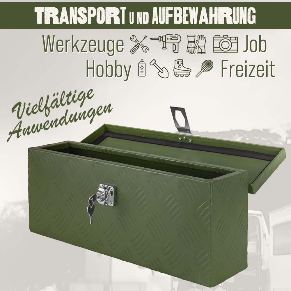 Trucky Caja de almacenamiento verde para enganche de remolque Caja de herramientas Truckbox para remolque Caja de transporte con cerradura Caja de aluminio Caja de herramientas Caja de almacenamiento