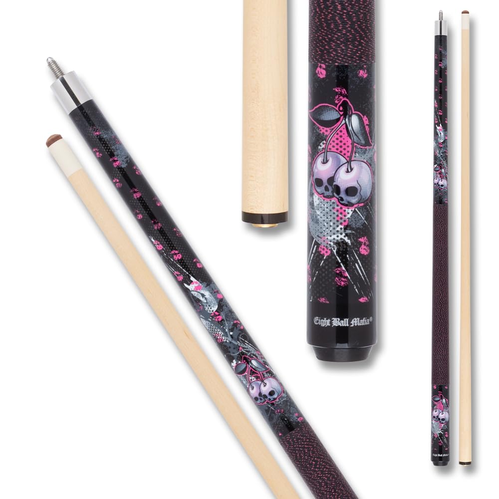 Eight Ball Mafia EBM07 Pool Cue - Black, White, Grey, and Pink with Cherrys and Cherry Skulls - 20oz