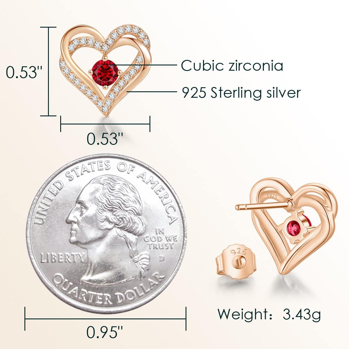 CDE Forever Love Heart Stud Earrings for Women, 925 Sterling Silver Birthstone Heart Stud Earrings Christmas Day Mother's Day Gift Anniversary Birthday Jewelry Gifts for Women Wife Her - Image 5