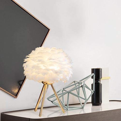 Miniatura 7 de BOKT Moderna lámpara de mesa de plumas blancas simple dorada romántica lámpara de noche decorativa creativa pequeña lámpara de escritorio de noche
