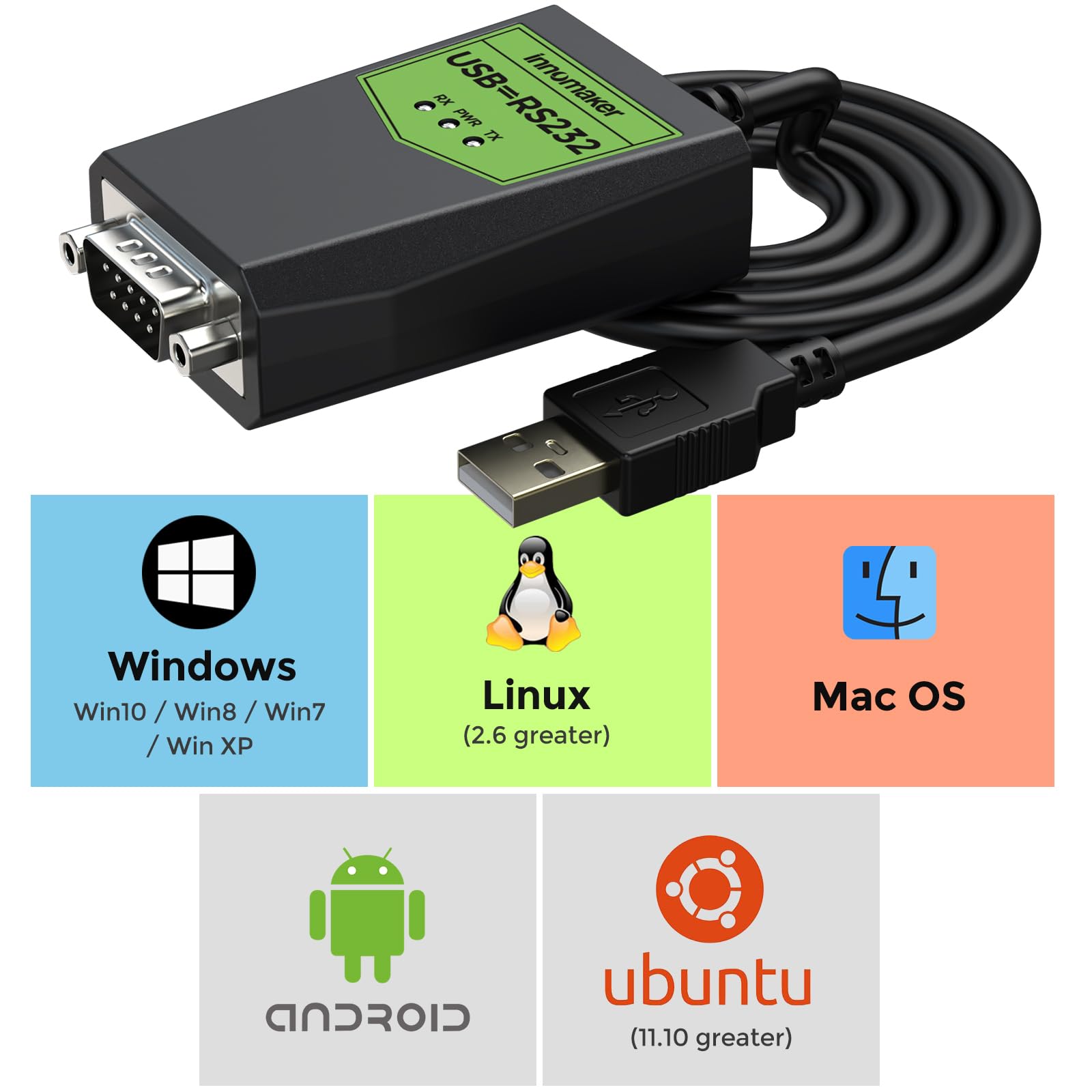 InnoMaker Przemysłowy adapter USB na szeregowy RS232, USB na DB9 męski, Chipset FTDI, Ochrona ESD, Izolacja sygnału/zasilania, Zgodny z Windows 11,10,XP, Mac OS, Android, Linux