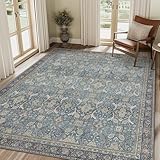 BESBLEE 8X10 Area Rugs Machine Washable Rugs for Living Room, Vintage Boho Large Rugs for Bedroom Dining Room, Non Slip Indoor Soft Distressed Lightweight Thin Low Pile Carpet, Vintage Blue