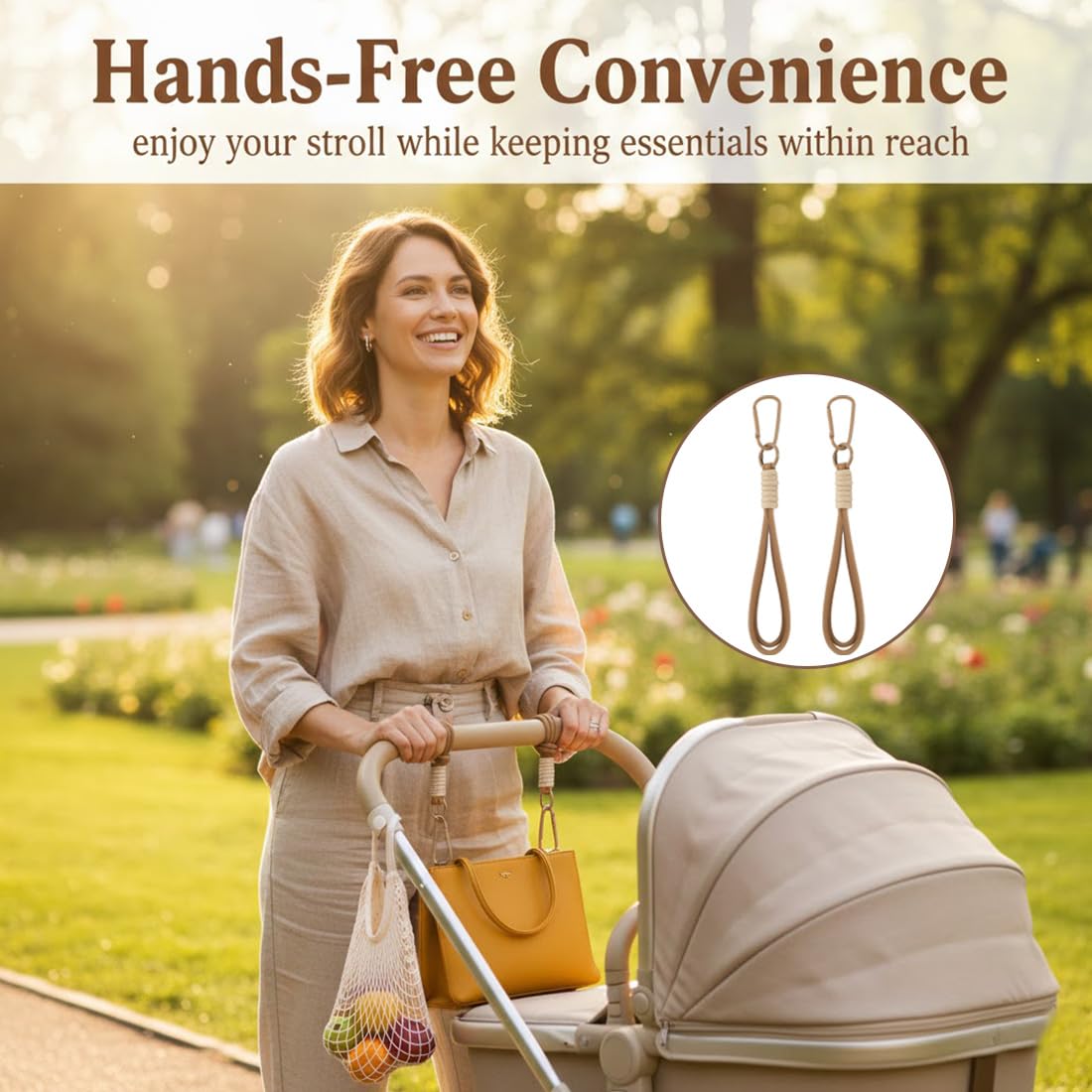 2 Ganci Passeggino - Universale Ganci per Passeggino Porta Borse - Supporto per Appendere Borse, Zaini e Borsa della Spesa, Antiscivolo, Cuciture Forti - Marrone Caffè