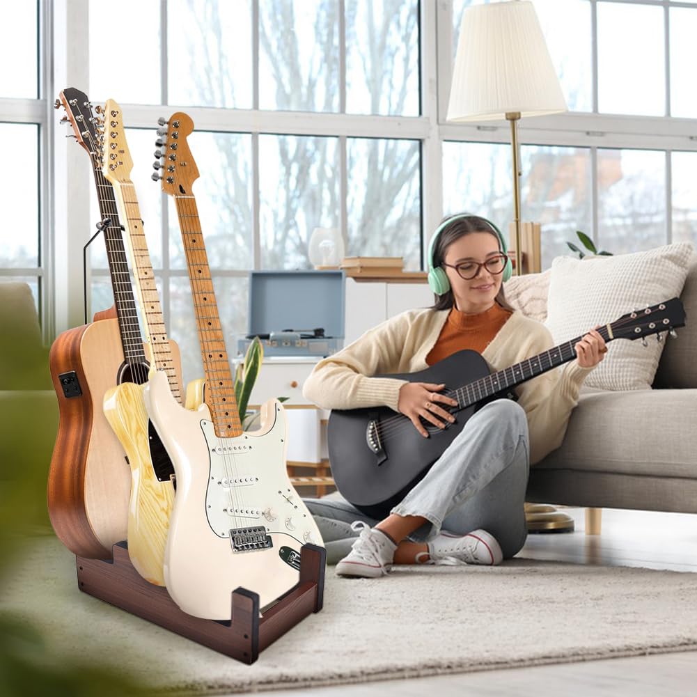 ORIGACH Gitarrenständer aus Holz für mehrere Gitarren, 3 Halter, Walnussholz, platzsparender Boden-Gitarrenständer für Zuhause, Aufnahmestudio, Proberaum (für 3 elektrische)
