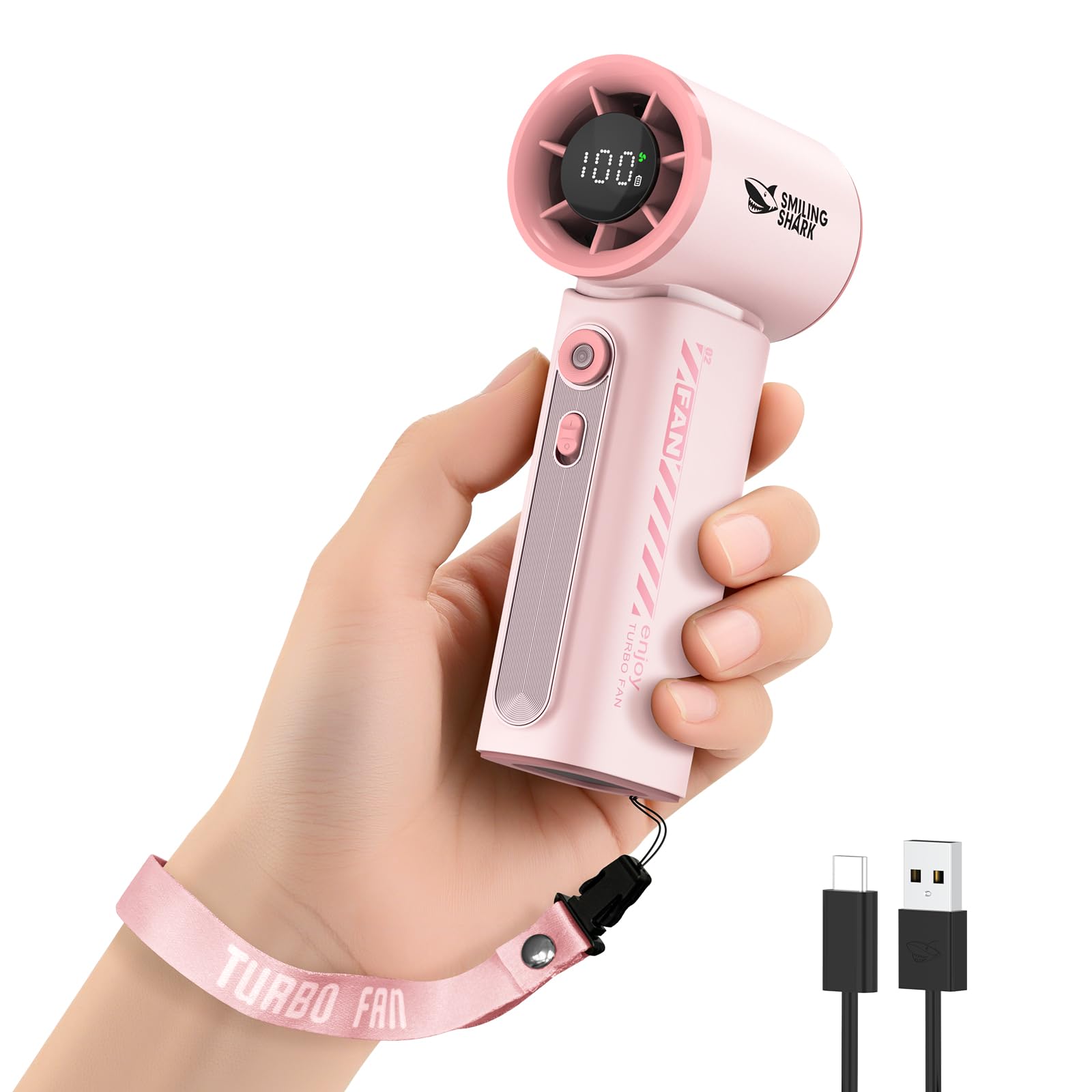 Smiling Shark TF-02 Tragbarer Turbo Handventilator, 1-100 Stufen Einstellbare Tragbarer Mini Handventilator [12Hrs Max] mit LED Anzeige/Lanyard/Basis, 2-in-1 Hand/Tischventilator für Outdoor Indoor