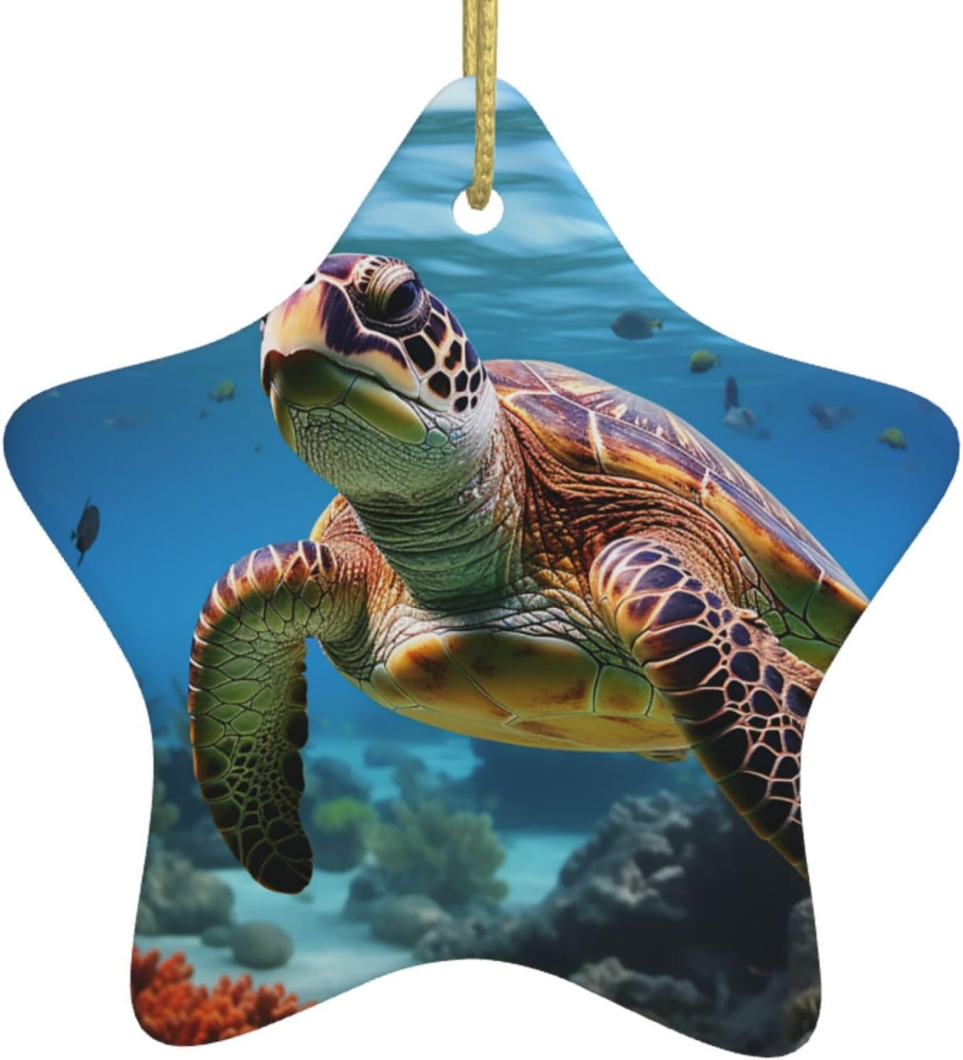 Christmas Ornaments Ceramic Star Shaped Christmas Hanging Ornament Double-Sided Sea Turtle Print Christmas Tree Pendants for Xmas Tree Fireplace Party Holiday Wedding