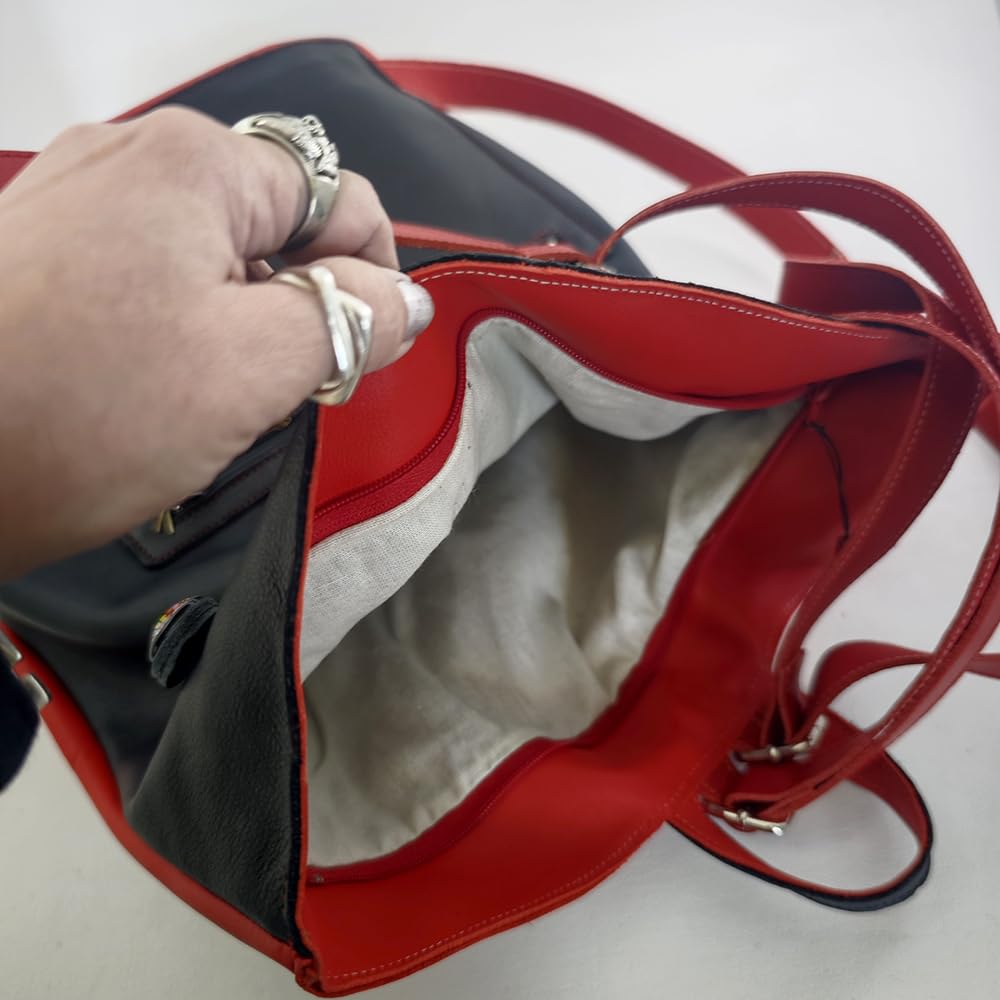 Mochila bolso antirrobo de piel Rojo/Negro, Mochila de piel auténtica en rojo y negro