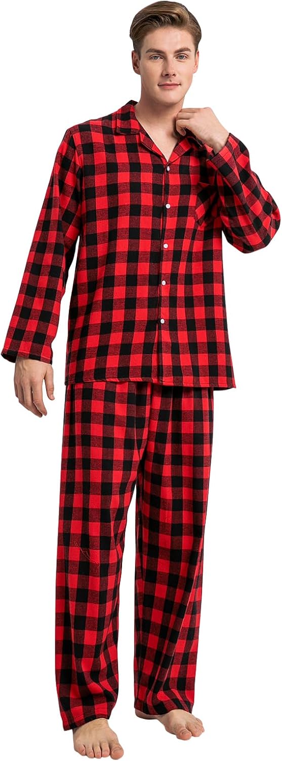 QZH.DUAO Family Plaid Pajamas For Womens, Ladies Adult 2-Piece Button Down Flannel Christmas Pjs Sleepwear, Black Red, US L - Image 7