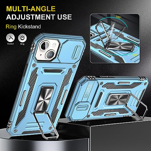 Image of Polycarbonate Slide Camera Cover with Ring Holder Mobile Phone Back Cover for iPhone 15 Plus (Blue)