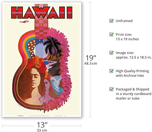 Miniatura 10 de Hawái - Ukelele hawaiano psicodélico arte de energía de flores - Póster de viaje vintage por David Klein c.1960 - Impresión artística maestra (sin