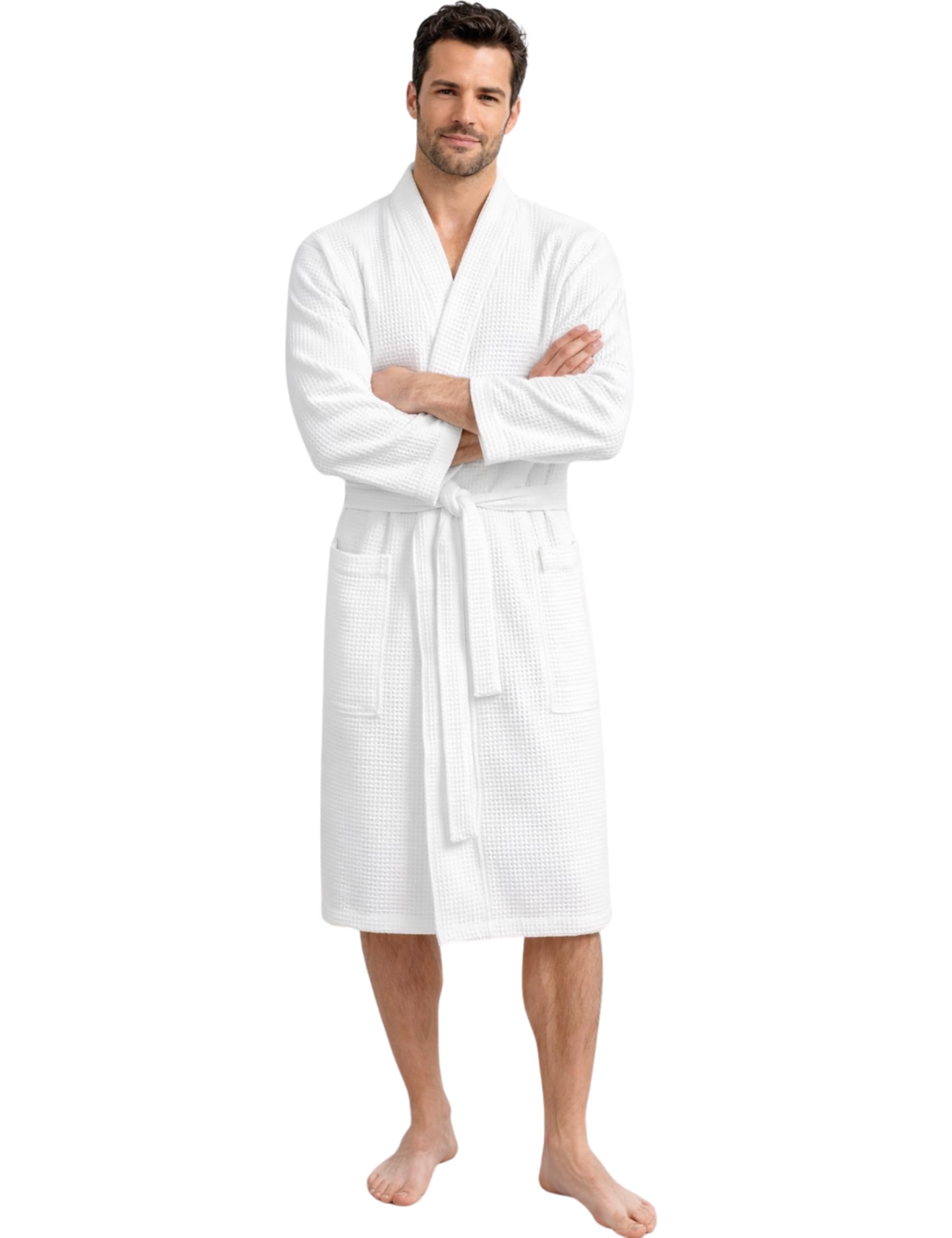 Morgenstern Dressing Gown Men Waffle 100% Cotton Lightweight Kimono Bathrobe White XXL