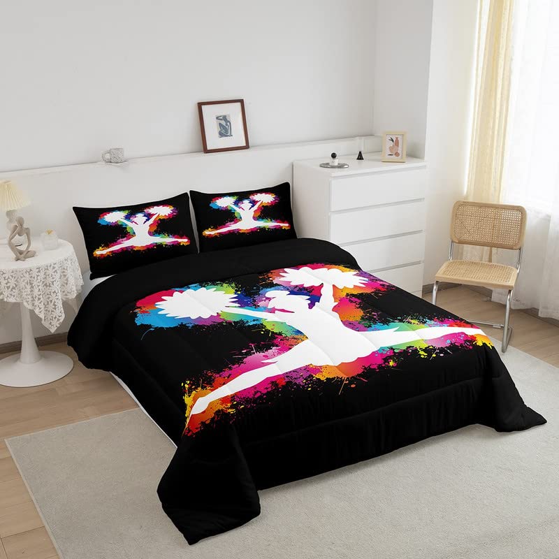 Image of Feelyou Colorful Cheerleader Comforter Set Cheerleading Comforter for Kids Boys Girls Cheer Team Bedding Set Breathable Gymnastics Lovers Black Duvet Set Room Decor Quilt Set Full Size