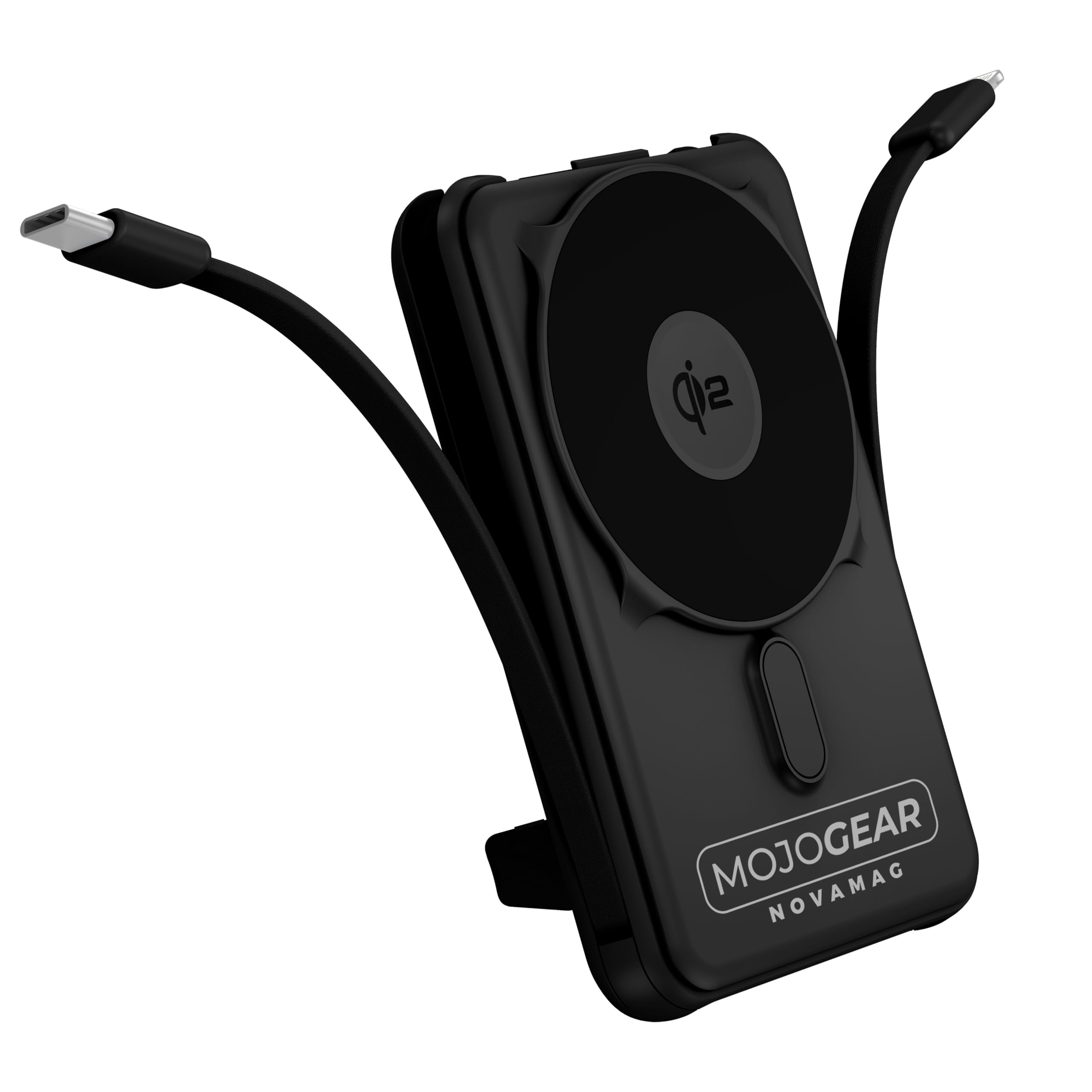 MOJOGEAR NovaMag Batterie externe tout-en-1 10 000 mAh – Charge sans fil Qi2 ultra rapide – Avec câble USB-C et Lightning – Compatible avec iPhone et Samsung – Chargeur Mag Safe – Indicateur LED
