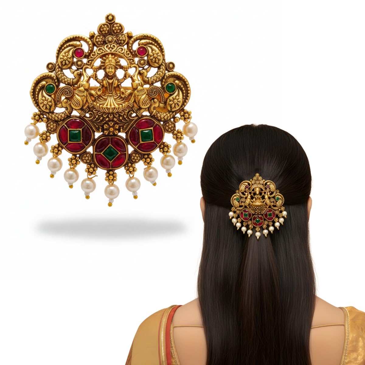 Jwella Antique Gold Temple Hair Barrette with Pearls | Ruby & Green Stones | Bridal Bun Pin Hair Accessory for Saree & Festive Hairstyles
