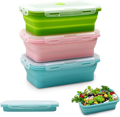 Alimat PluS Contenedores de silicona para almacenamiento de alimentos con tapas, juego de 3 recipientes plegables de 27 onzas (27.1 fl oz), aptos