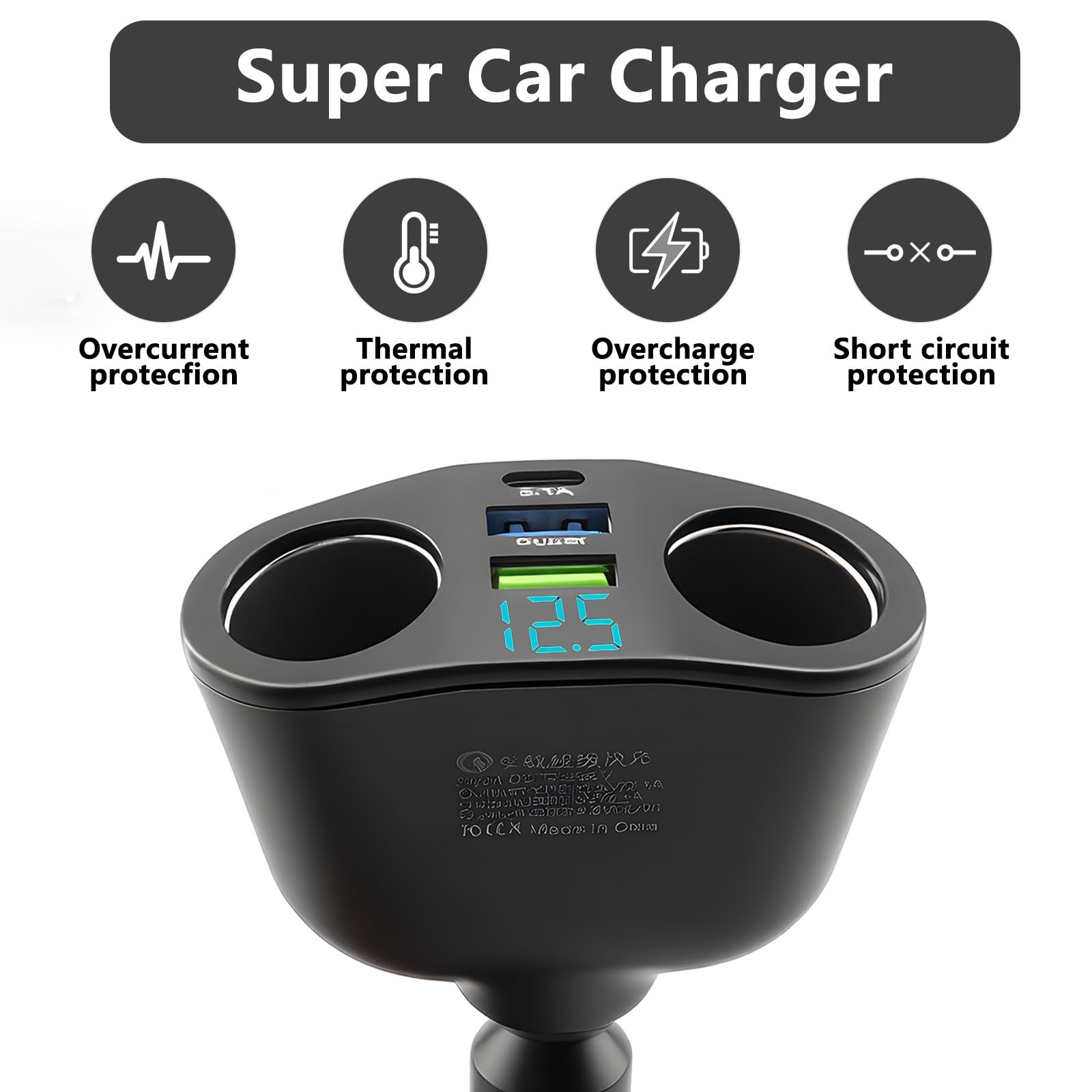 Car Cigarette Lighter Adapter 12V/24V, Dual USB-C PD & USB-A QC3.0 Super Fast Charger, 360° Rotating Car Lighter Adapter, Multi-Socket Splitter with LED Voltmeter for Phone Tablet GPS Dashcam — view 4