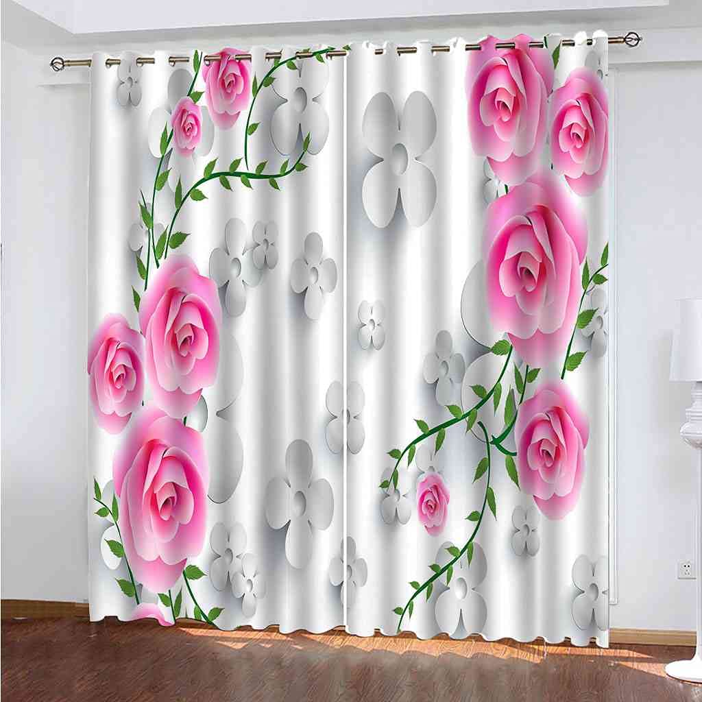 Rideau Occultant Fleurs Roses 3D Rideaux à Oeillets Lot de 2 Salon Moderne Thermique Isolant