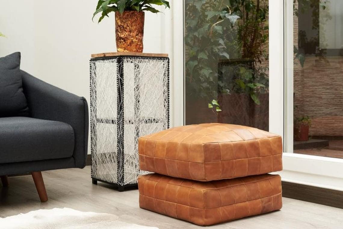 MARRAKESH STYLE Amazing & Beautiful, Original Poufs marokkanischer Lederpouf, Naturleder-Poufs, Heimgeschenke, Hochzeitsgeschenke, ungefüllt (quadratischer Boden, Caushion Brown)