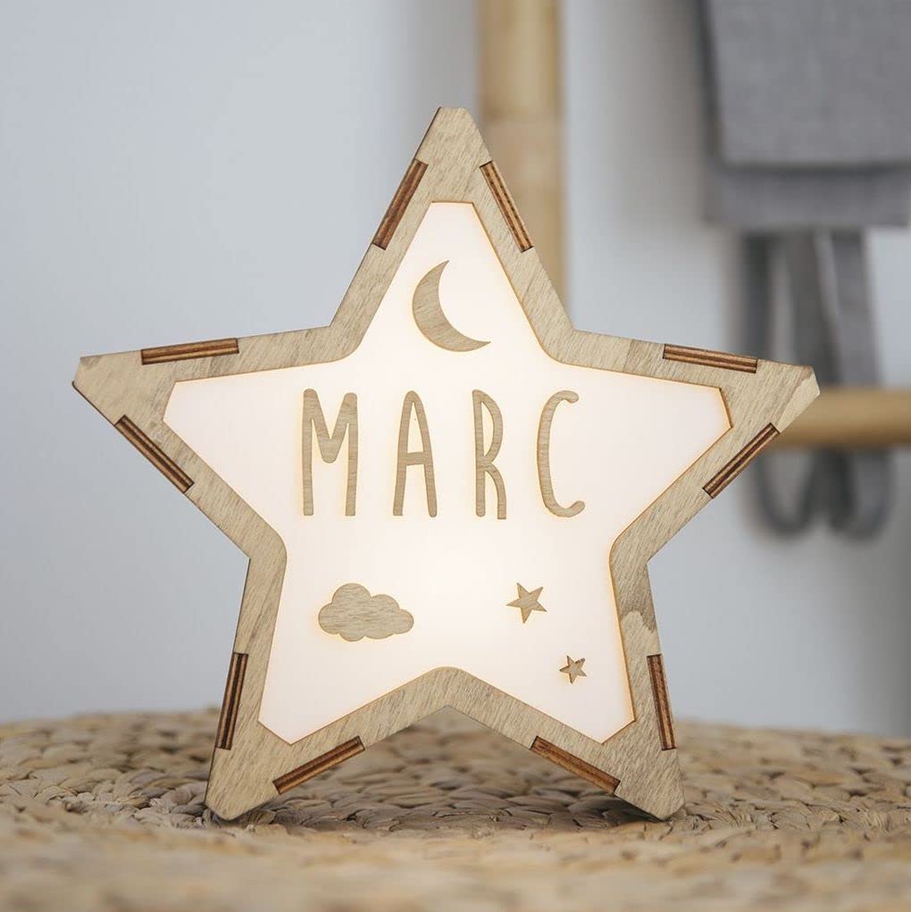 VINTIUN - Lampara Quitamiedos Personalizada con Nombre - Estrella Luminosa Madera Personalizable para Bebé y Adulto (Cielo)