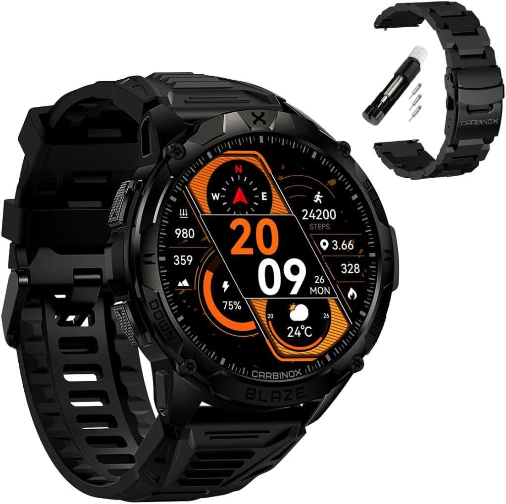 CARBINOX Blaze Smart Watch with Metal Band 22 mm GPS, Rugged Fitness Tracker Waterproof IP69K, Compatible with Android and iOS, 170+ Sports Modes, Make/Receive Calls (Round)