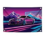 3x5 Feet Purple Racing Car Polyester Flag with Mountains In The Background with Four Brass Grommets - Car Wall Poster for Outdoor or Indoor - Auto Banner for Room Man and Guys - Flags for GTR Fans
