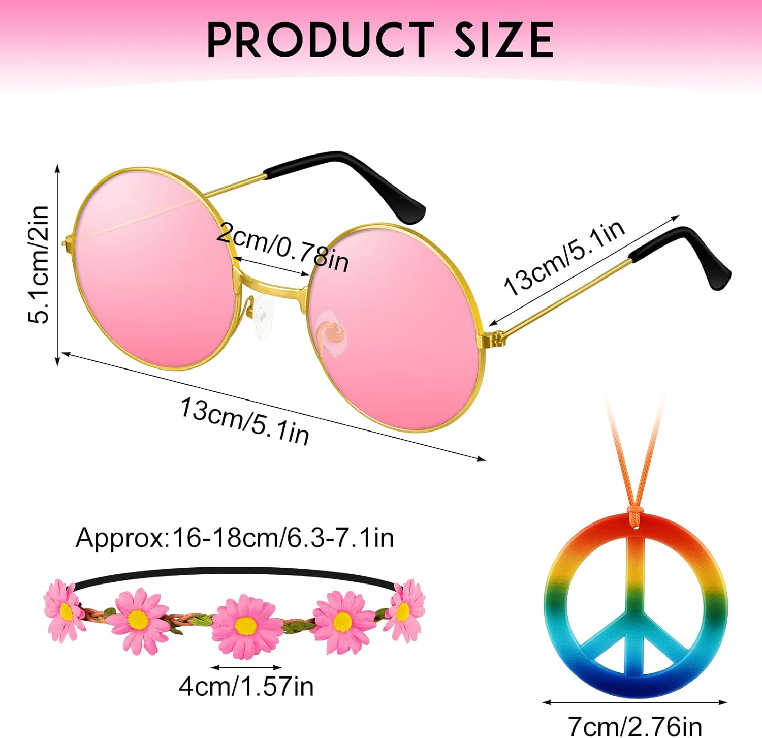 60s 70s Hippie Costume Accessories Set-Hippie Sunglasses/Peace Necklaces/Flower Headbands for Hippie Party