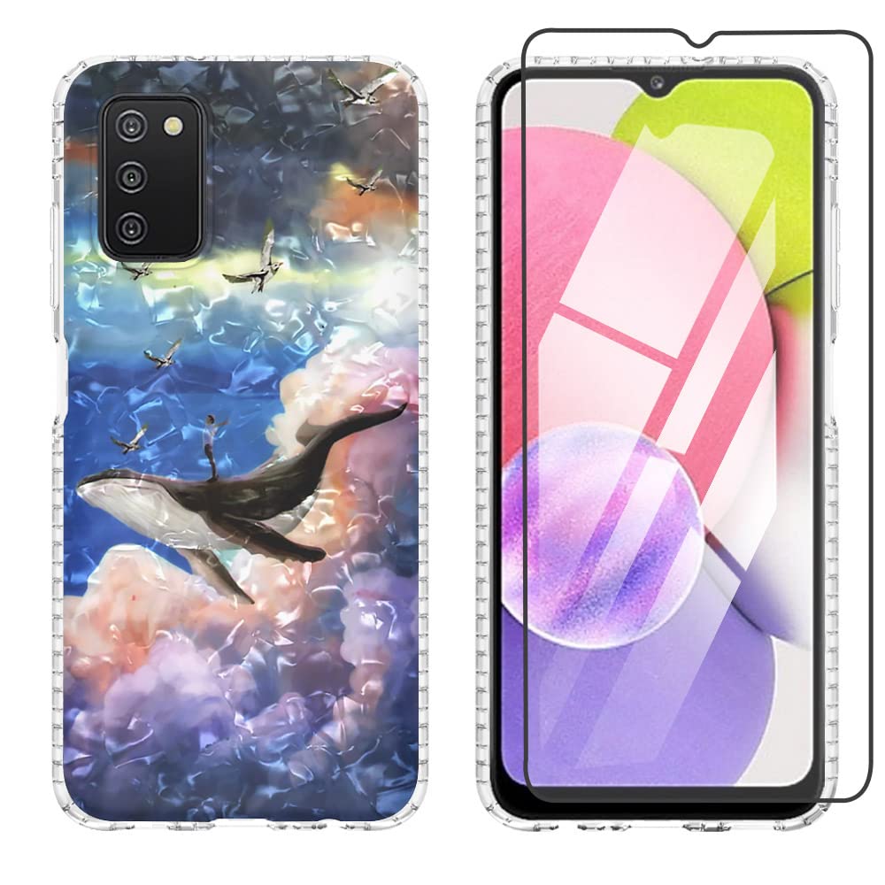 Alkaxfor Samsung Galaxy A03S Case, Galaxy A03S Case with Screen Protector, Glitter Luxury Cute Slim Soft TPU Silicone Shockproof Cases for Women Girls Cover Phone Case for Samsung A03S -Blue Whale