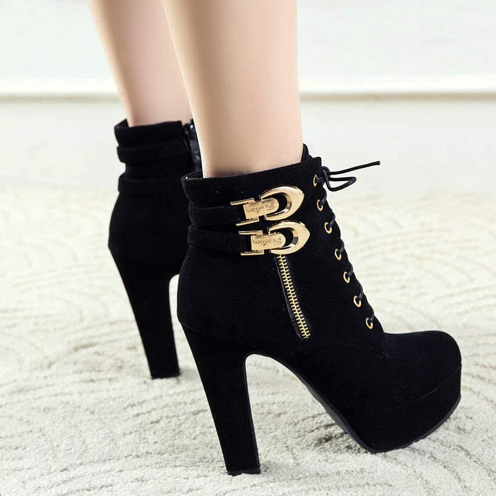Bellirala Womens Platform Lace Up Biker Boots Chunky High Heel Booties Buckle