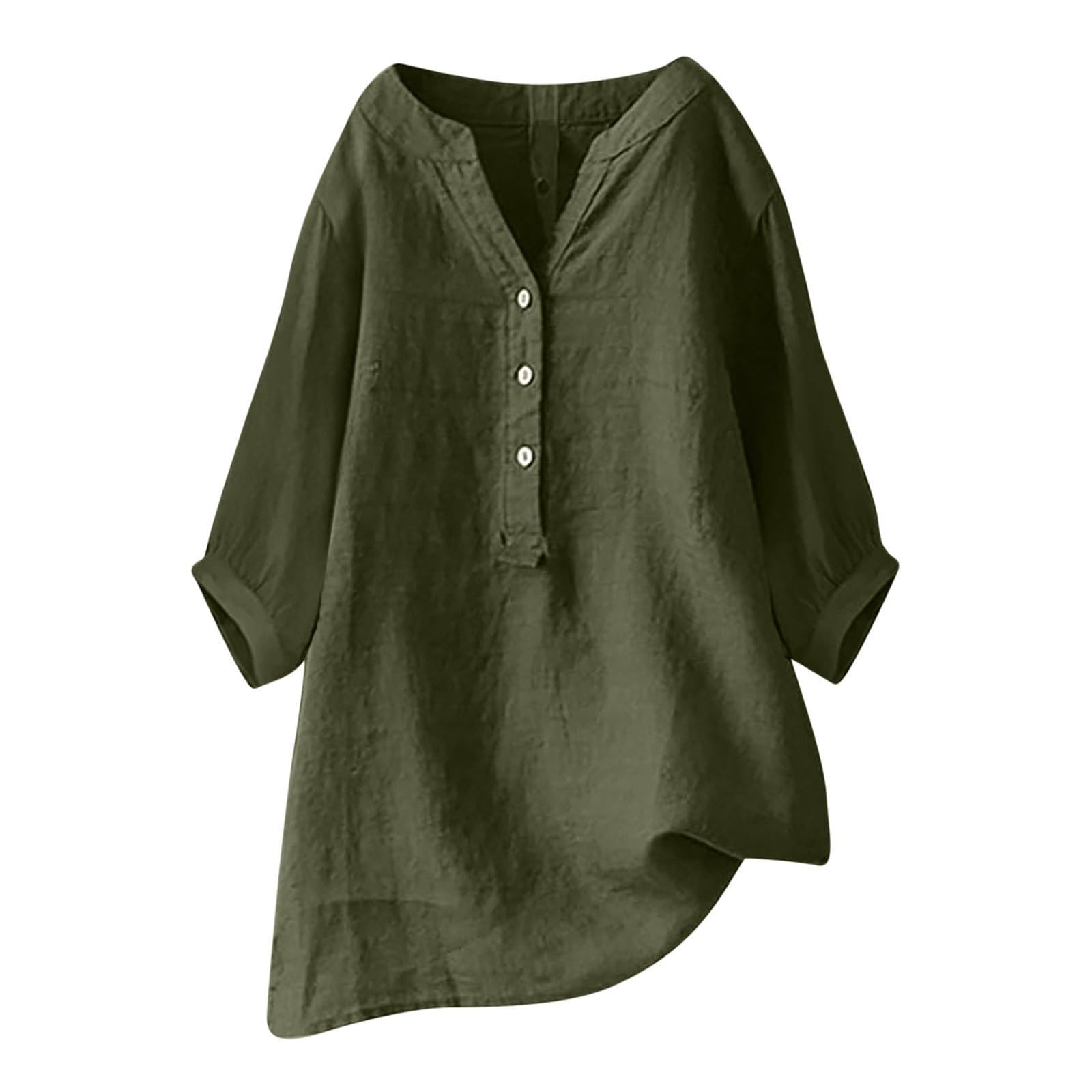 Women Oversized Cotton Linen Shirts Button Down Summer Blouse Roll-Up Sleeve Tops Tunic Trendy Boho Ladies Clothes 2024(Za Army Green,Small)