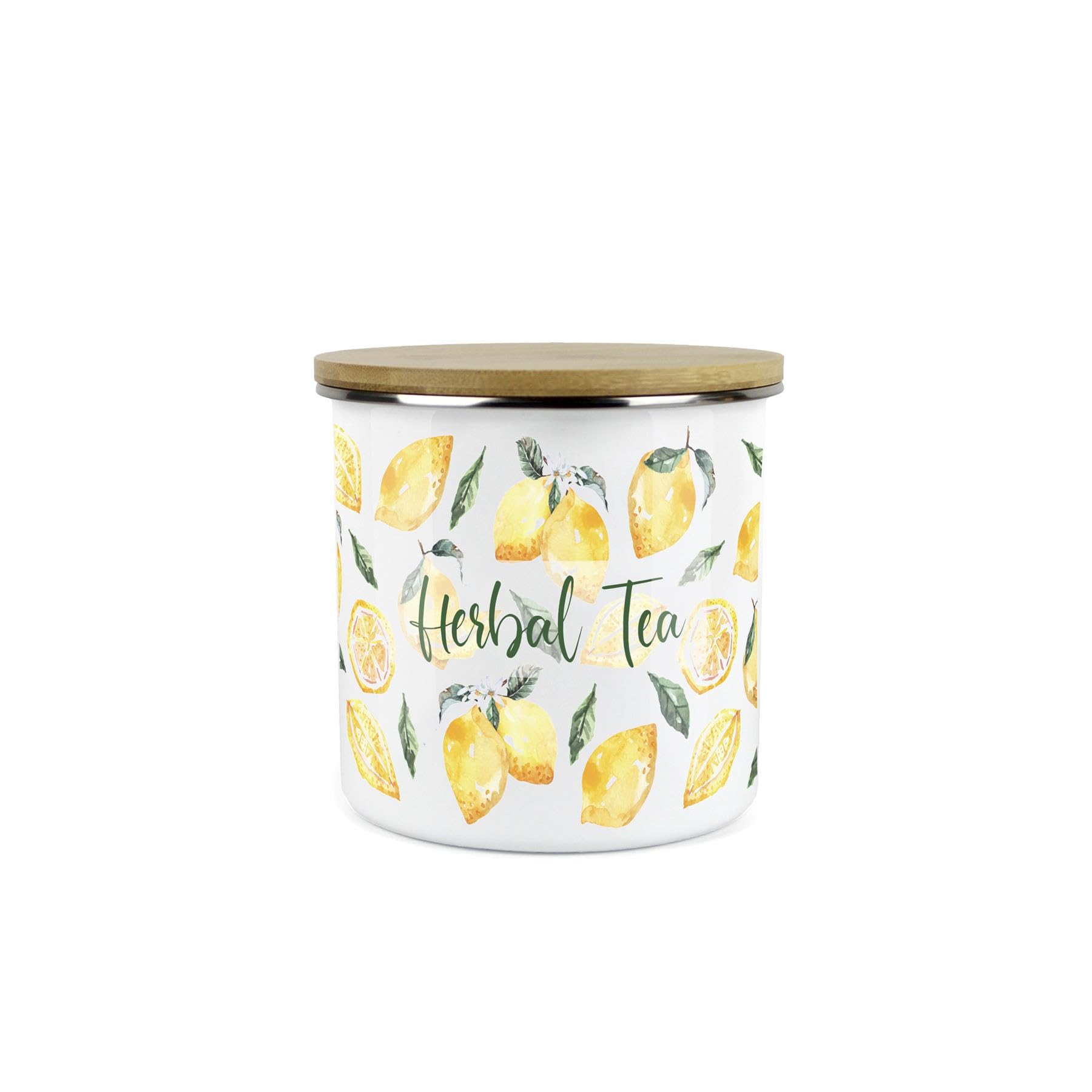 Purely Home Lemons Herbal Tea Canister - White Metal Enamel Medium Sized Kitchen Food Storage Container