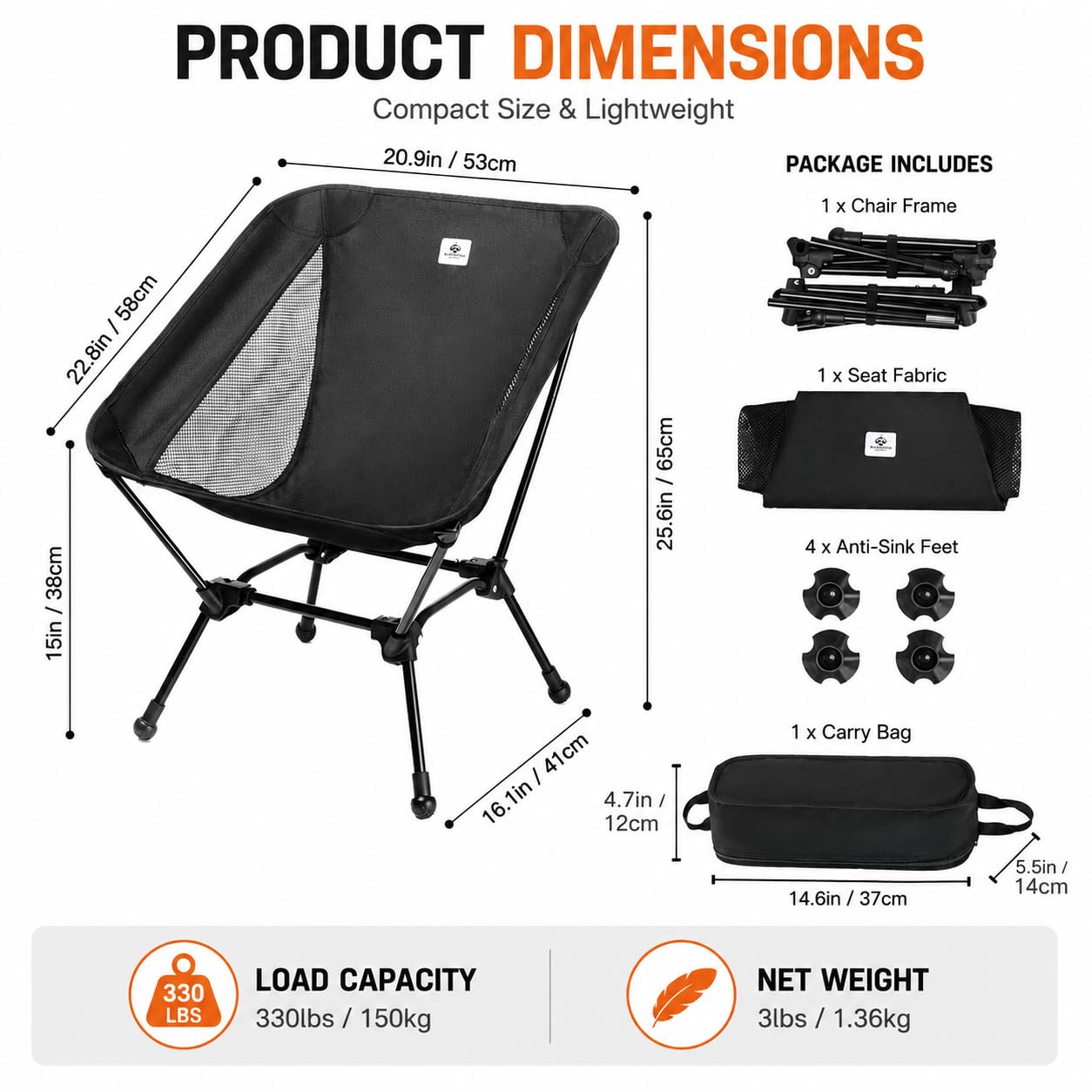 Chaise de plage pliante ultra légère et compacte avec grands pieds anti-enfoncement et sangle de soutien dorsal (noir)