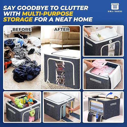 Image of BTAG Pack of 3 Assorted Storage Baskets (49L x 39W x 30H CM) Non-Woven Foldable Wardrobe Organizer with Metal Frame Rectangle, Storage Box with Handles for Clothes, Books, Toys, Blankets & Closet Use.