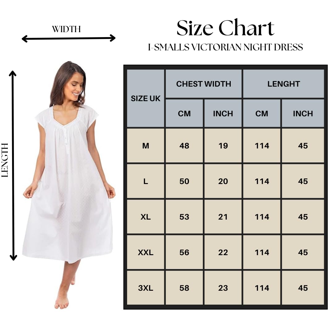 i-Smalls Camisón para mujer, 100% algodón, transpirable, manga corta, con ribete de encaje, diseño victoriano