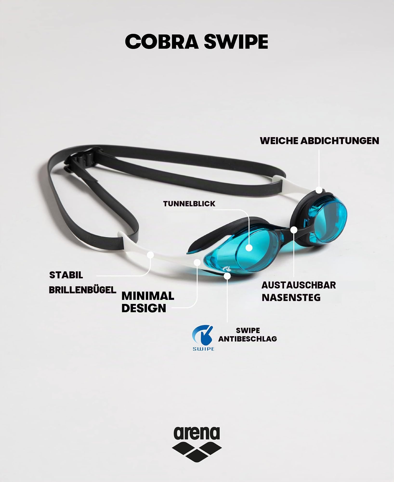 arena Cobra Original Swipe Unisex-Wettkampfbrille für Erwachsene, Schwimmbrille mit Anti-Beschlag-Gläsern, UV-Schutz, 4 Austauschbare Nasenstege