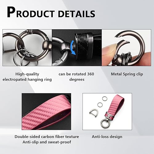Miniatura 3 de Kewucn Llavero de coche estilo fibra de carbono, llavero de cuero de microfibra, 360 grados giratorio antipérdida con anillo en D (rosa)