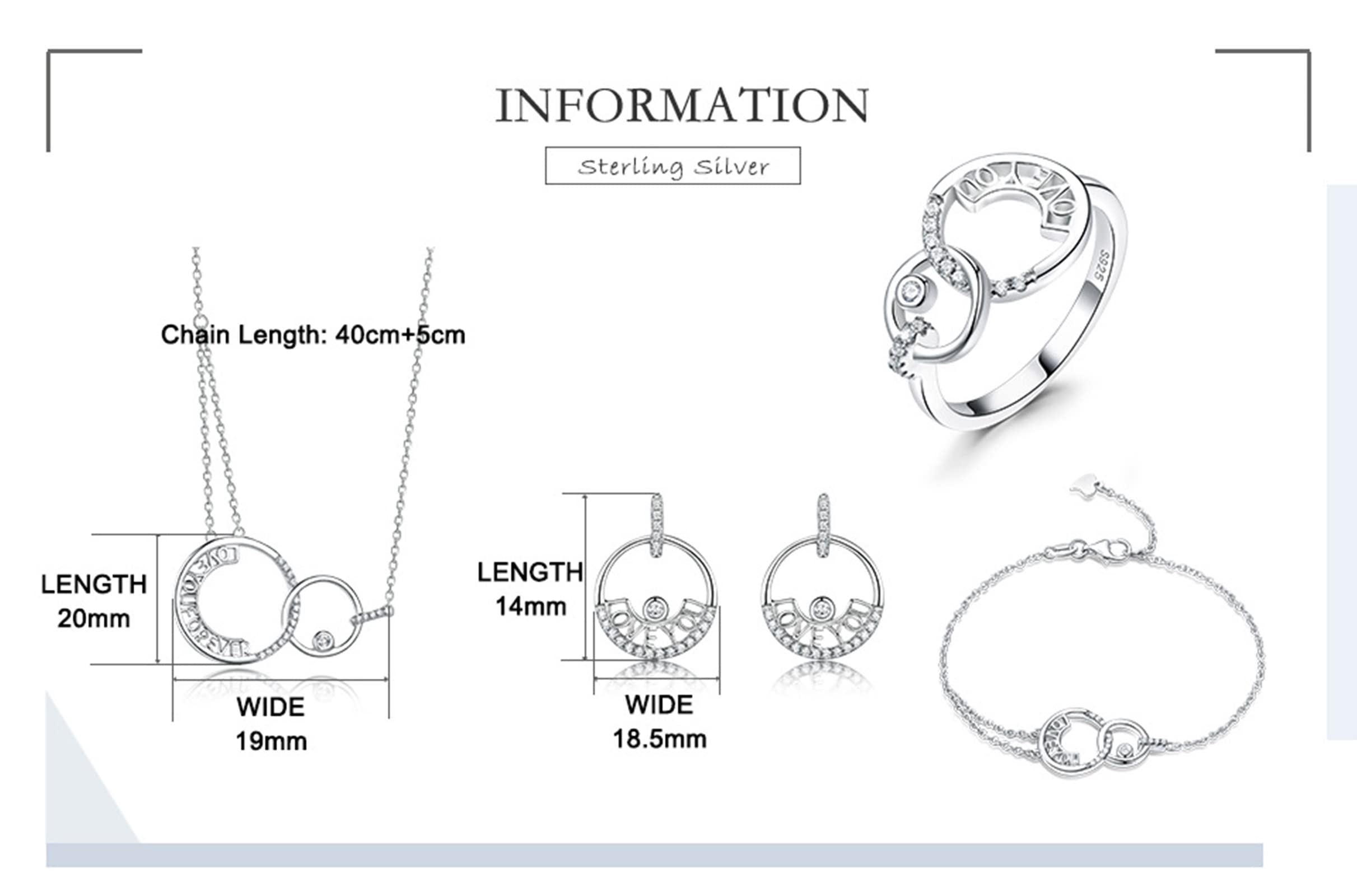 Conjuntos de joyas de boda para mujer, plata de ley, juego de joyas de plata, conjunto de joyería simple Love You pulsera, anillo, aretes y collar, conjuntos de joyería nupcial, 40+5 CM, Circonita