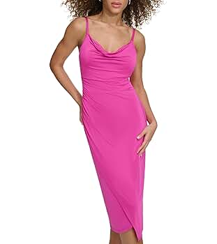 Siena Women's Spaghetti Strap Cowl Neck Midi Dress, Hot Pink