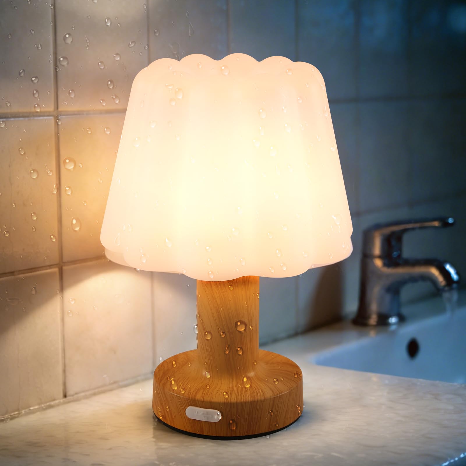 Asslye Shower Lamp Waterproof Cordless Table Lamp 3-Color Dimmable Light, Battery Operated Lamp Desk Night Lamp for Outdoor, Kitchen, Bathroom, Camping, Patio（B