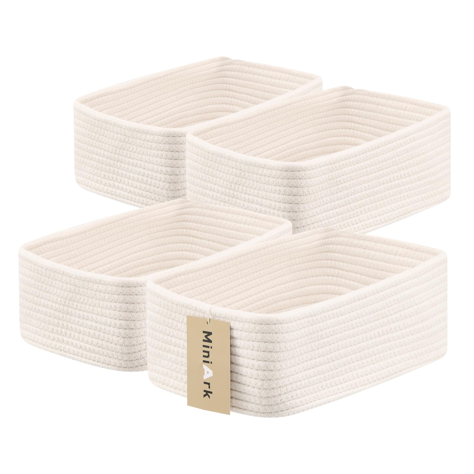 MiniArk Small Storage Baskets for Organizing | Closet Organizer Bins | Shelf Toy Basket | Woven Rope Baskets | Cube Decorative Box | Shallow Basket | 11.5x7.5x4.7” | 4 Packs Off White