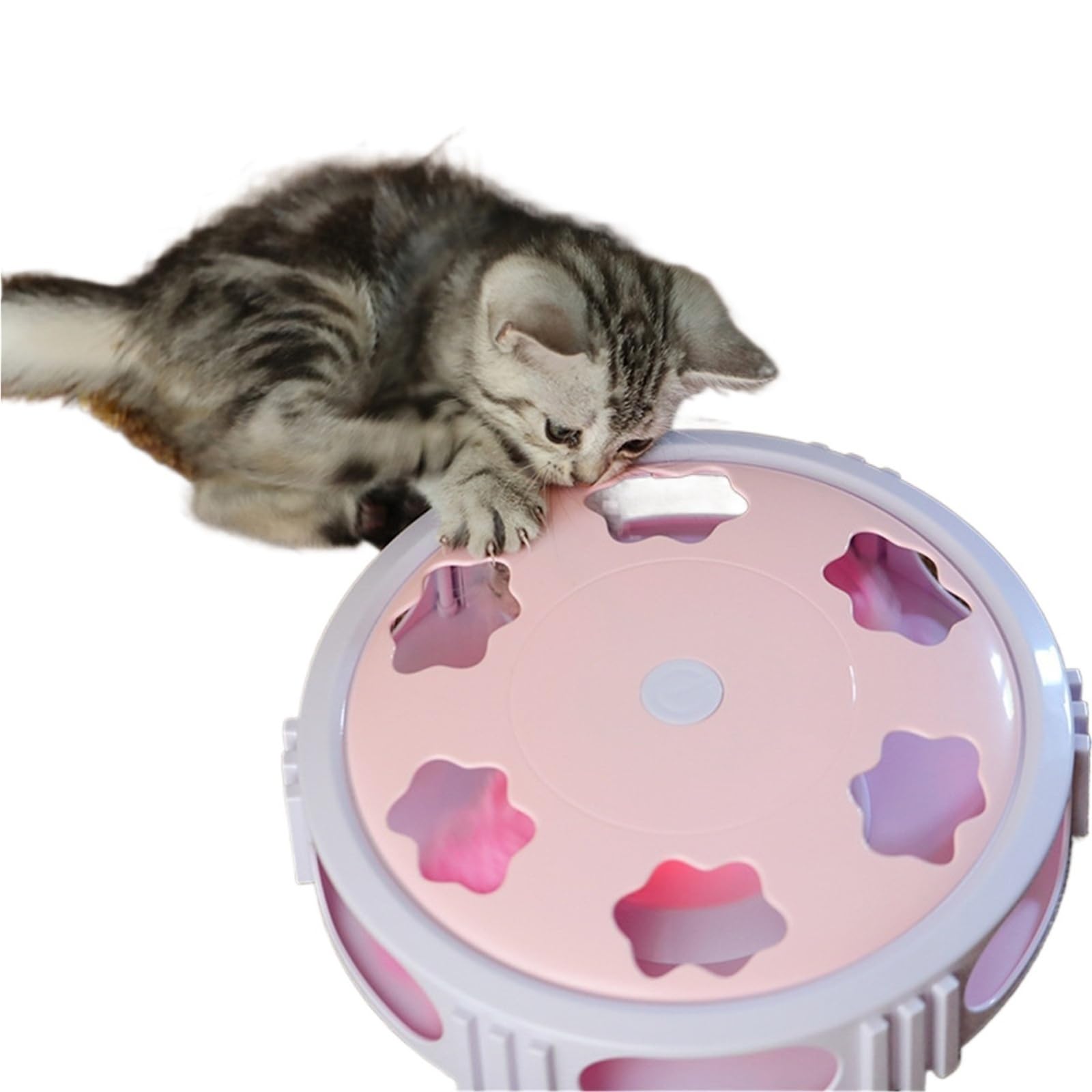 Katzen-Drehteller-Spielzeug mit Feder und LED-Licht, automatische Drehung, interaktives Katzenspielspielzeug (Rosa)