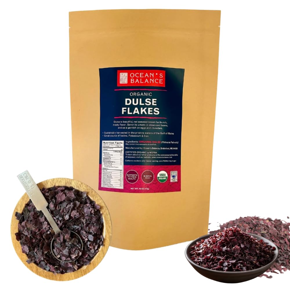 Ocean’s Balance: Organic Dulse Flakes - Maine Coast Seaweed Atlantic Ocean Sea Vegetables - Perfect for Keto Diet, Paleo Diet, Vegetarian Lifestyle or Vegan Diet & Detox Cleanse - Gluten Free, 1lb Bag