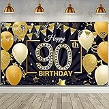 Happy 90th Birthday Backdrop Banner Extra Large Black and Gold 90th Birthday Photo Booth Backdrop Photography Background Happy 90th Birthday Party Decorations for Women and Men, 72.8 x 43.3 Inch