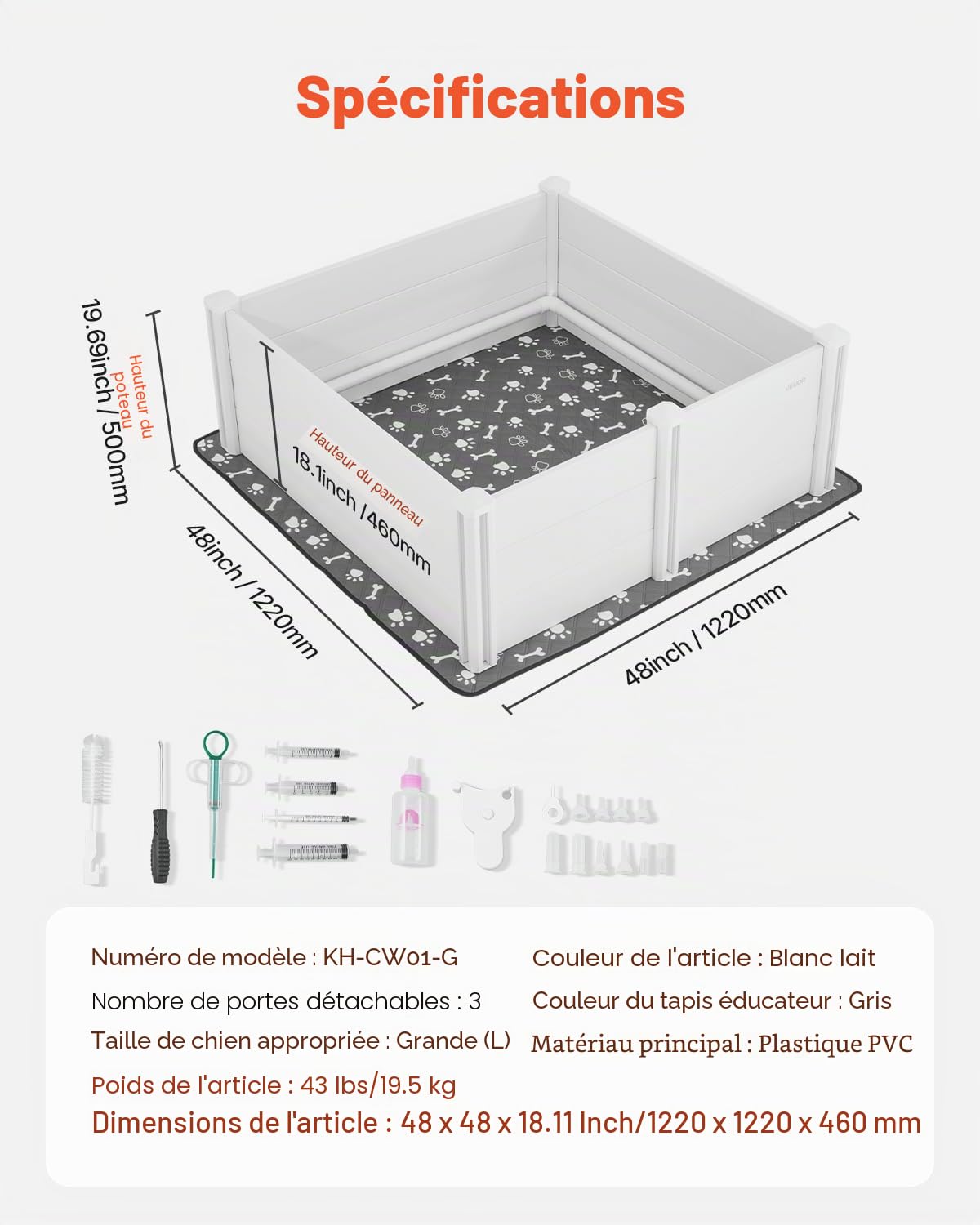VEVOR Parc de Mise Bas pour Chien 122x122x46 cm Caisse de Mise Bas pour Chiots avec Porte Réglable en Hauteur Tapis d'Urine Lavable Boite de Naissance en Plastique PVC