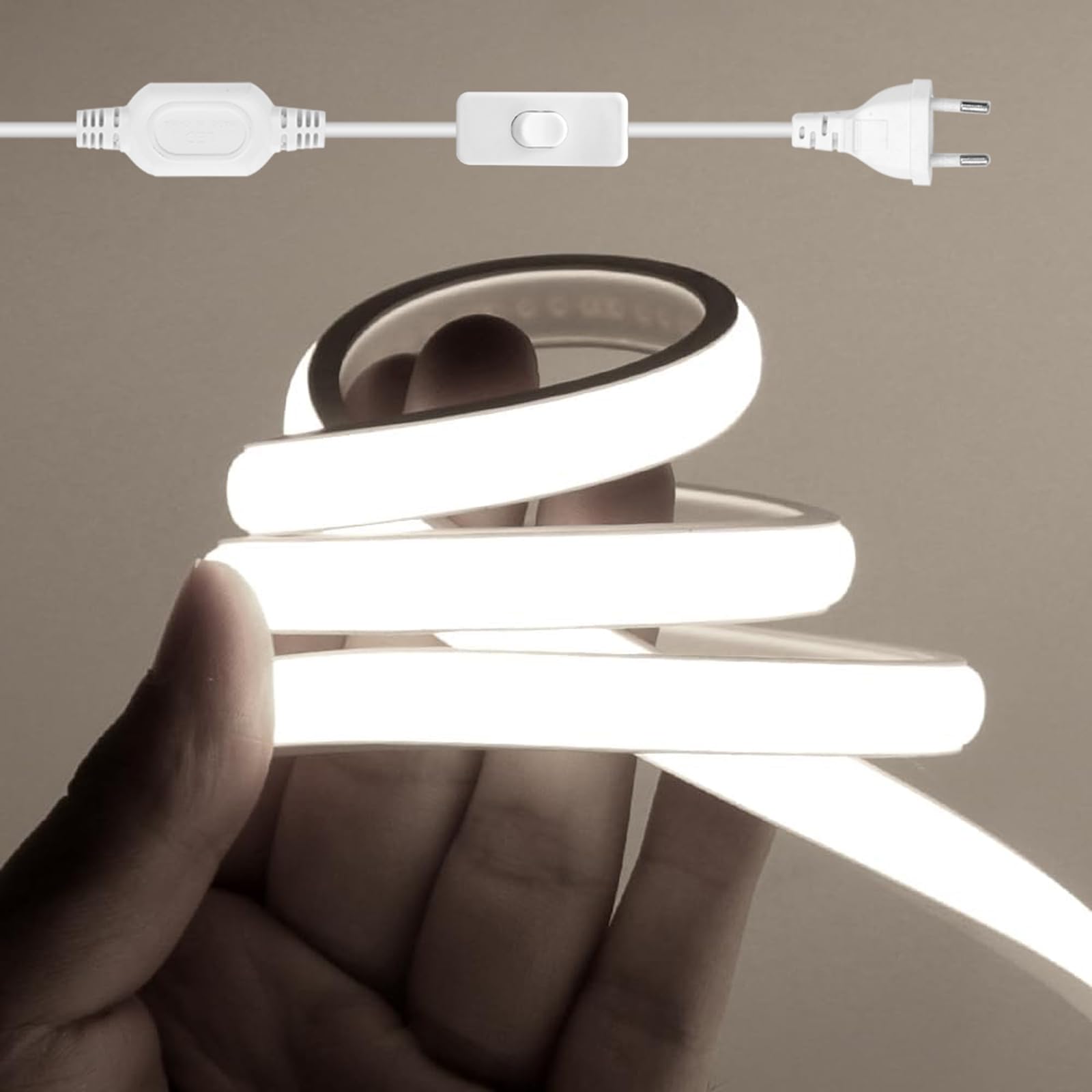 COB LED Streifen 100M,Kaltweiß 6000K CRI≥90 Helligkeit Hohe Neon LED Band,Lumineszenz Linear Hohe Dichte 288LEDs/M LED Lichter mit 220V EU Schaltstecker für Wohnzimmer Schlafzimmer, Weihnachten