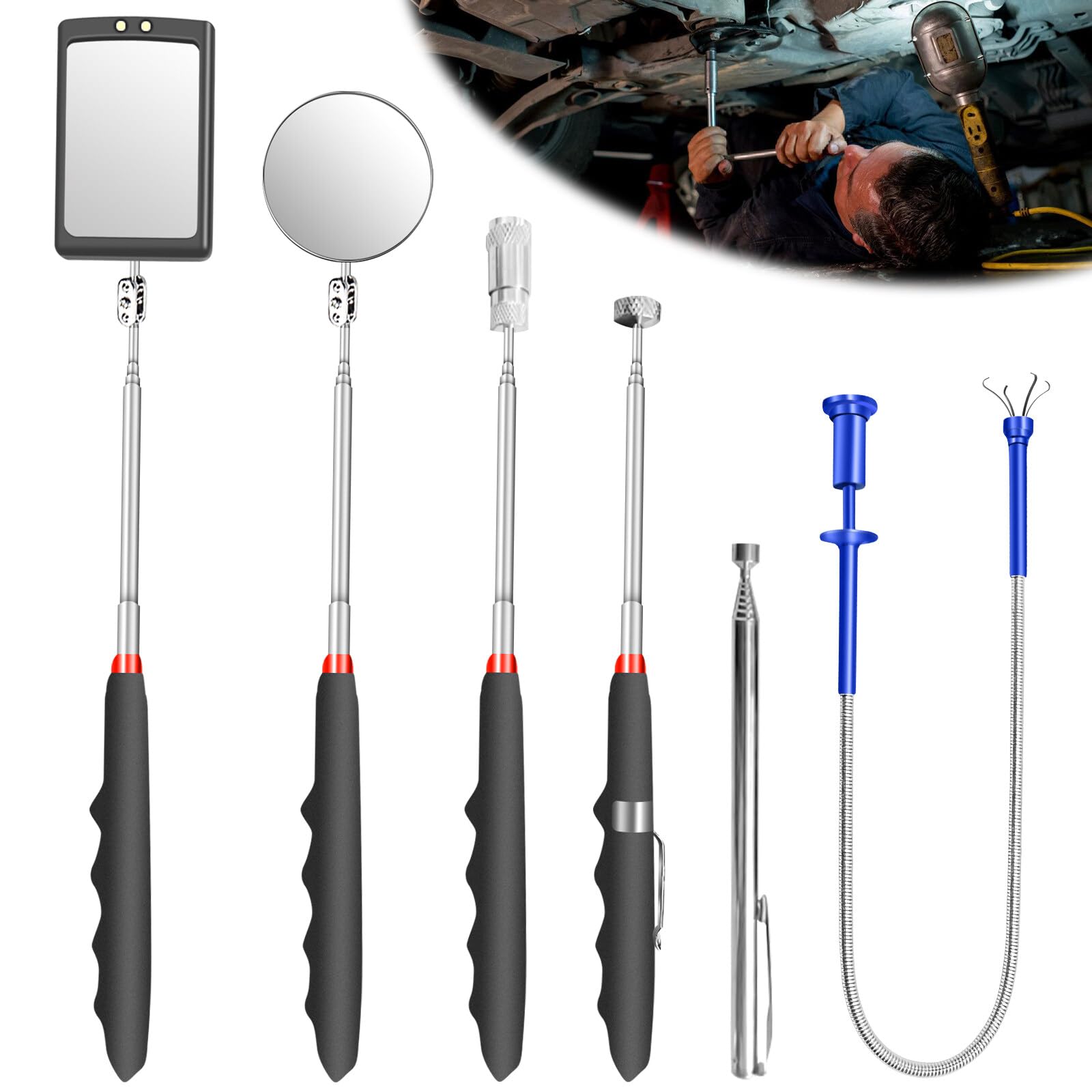 Lot de 6 miroirs d'inspection escamotables - Miroir télescopique - Outil magnétique télescopique avec lampe LED - Miroir d'inspection carré rond - Poignée télescopique rotative à 360°