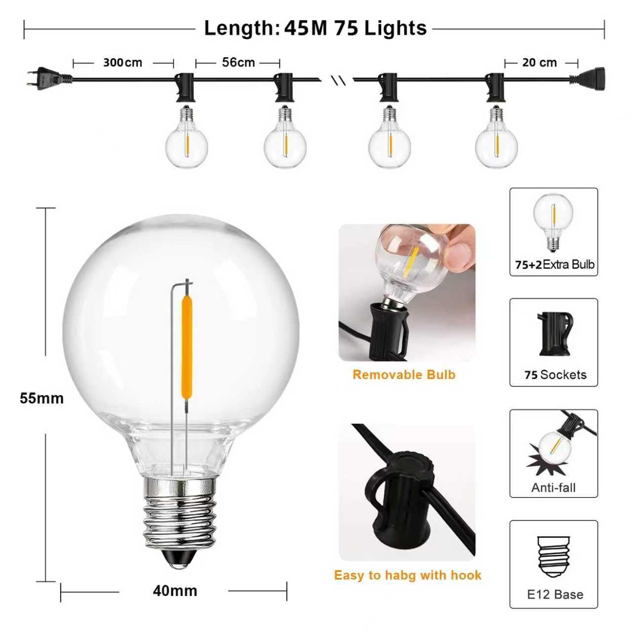 150FT Außenbereich Lichterketten, IP44 Wasserdicht, G40 LED-Leuchtmittel (75+2 Ersatzlampen), Dekoration für Garten, Terrasse, Hochzeit und Festival (150, 77)