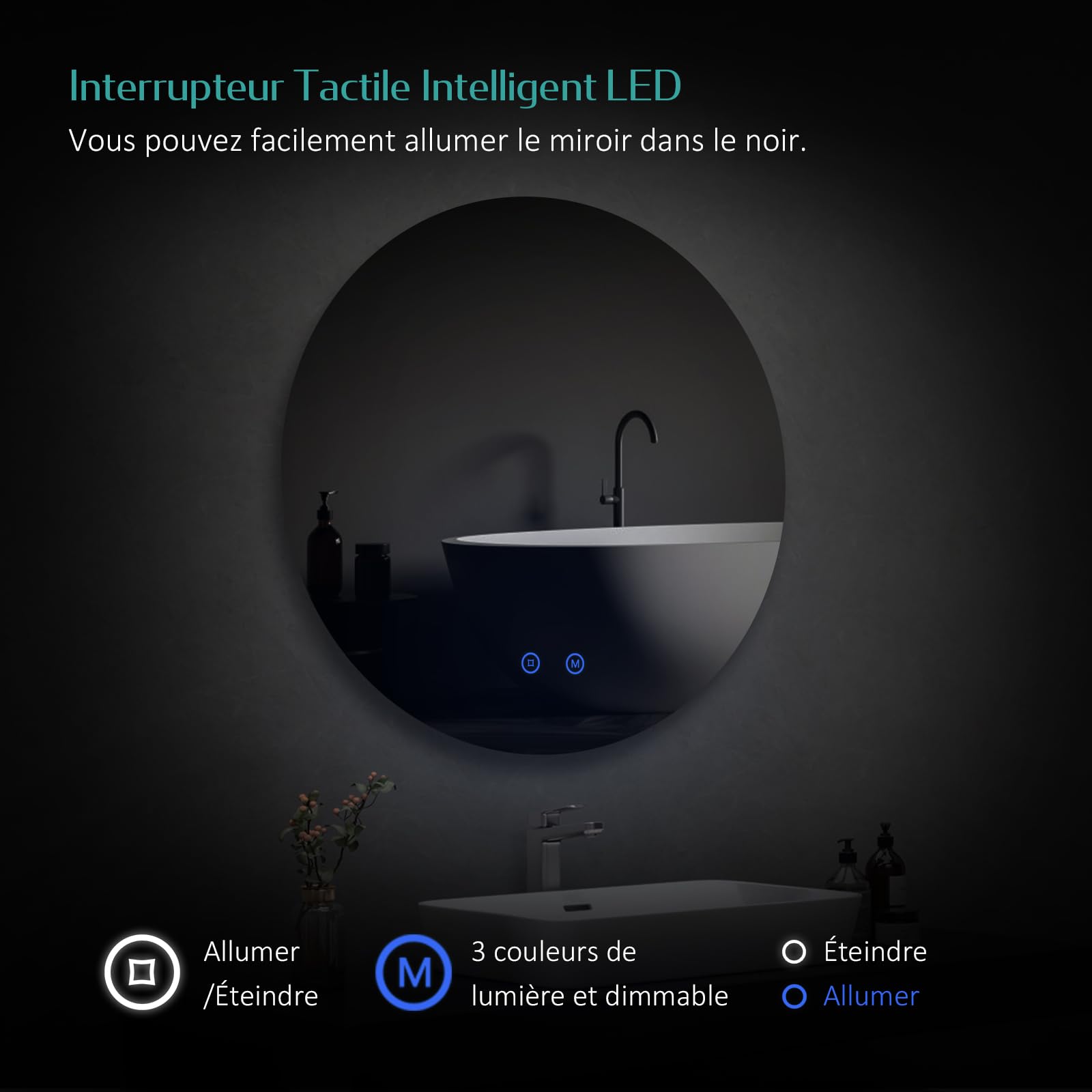 EMKE Miroir Salle de Bain avec Eclairage Rond diamètre 80 cm | Interrupteur Tactile, Miroir LED Salle de Bain, 3 Couleurs de lumière Variable,Miroir Salle de Bain