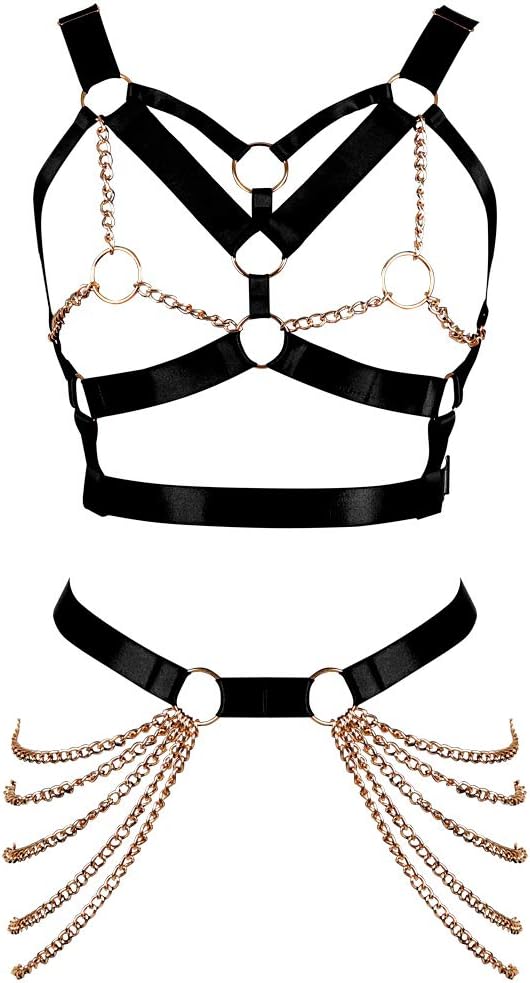 Women's Body Harness Bra Punk Garter Belt Elastic Adjustable Metal Chain Bra Dance Carnival Gothic Costume Accessories