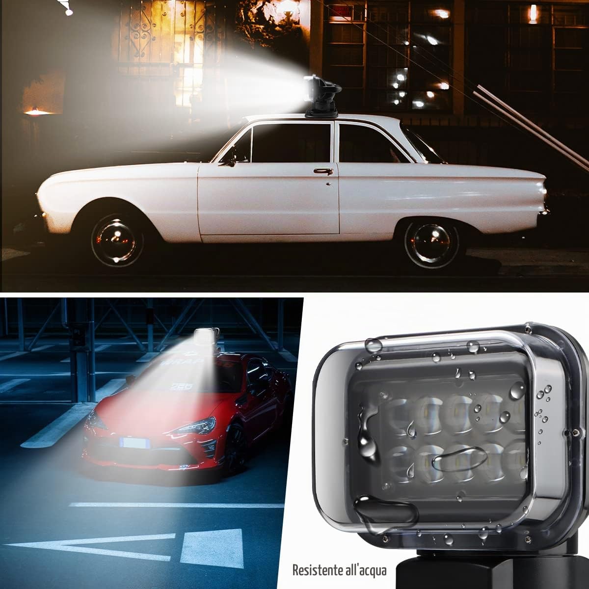 MARCHFA Faro da ricerca Led luce da lavoro telecomandato con piede magnetico luce da ricerca Chip Cree resistente alle intemperie ruotabile per auto offroad caccia barca giardino 50 W DC 12 V